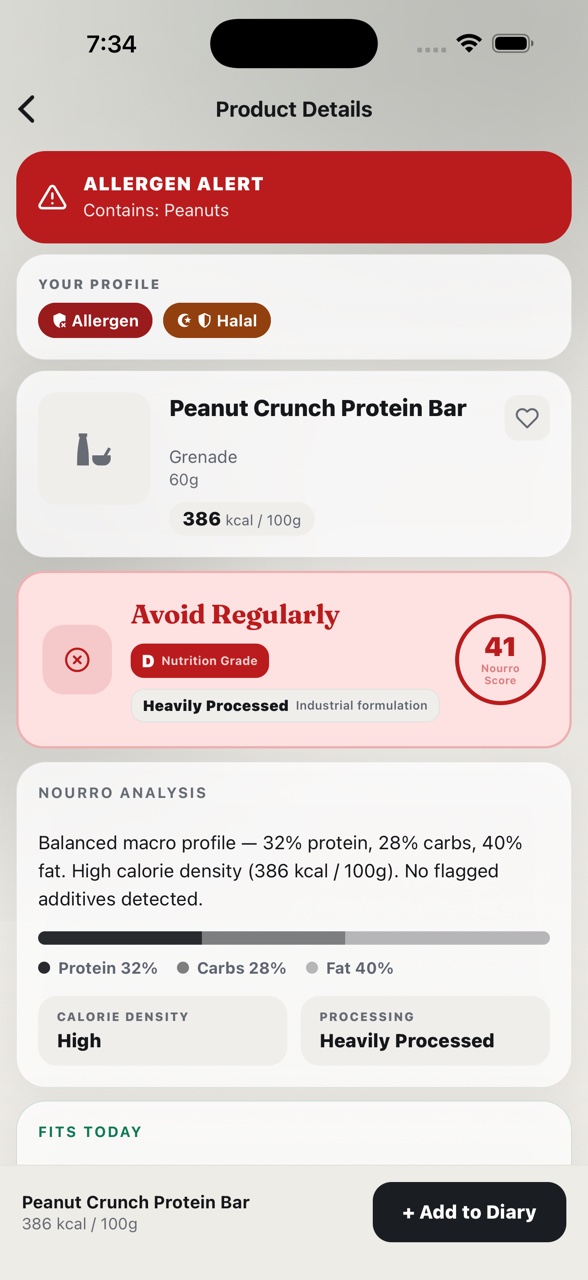 Nourro showing an allergen alert on a scanned protein bar