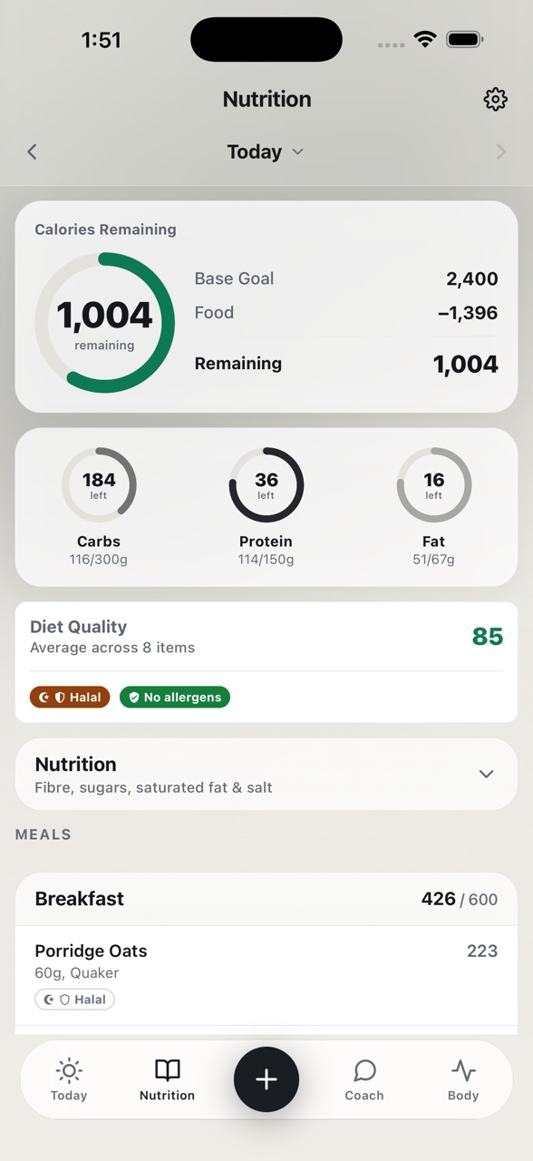 Nourro's nutrition screen showing calories, macros and diet quality